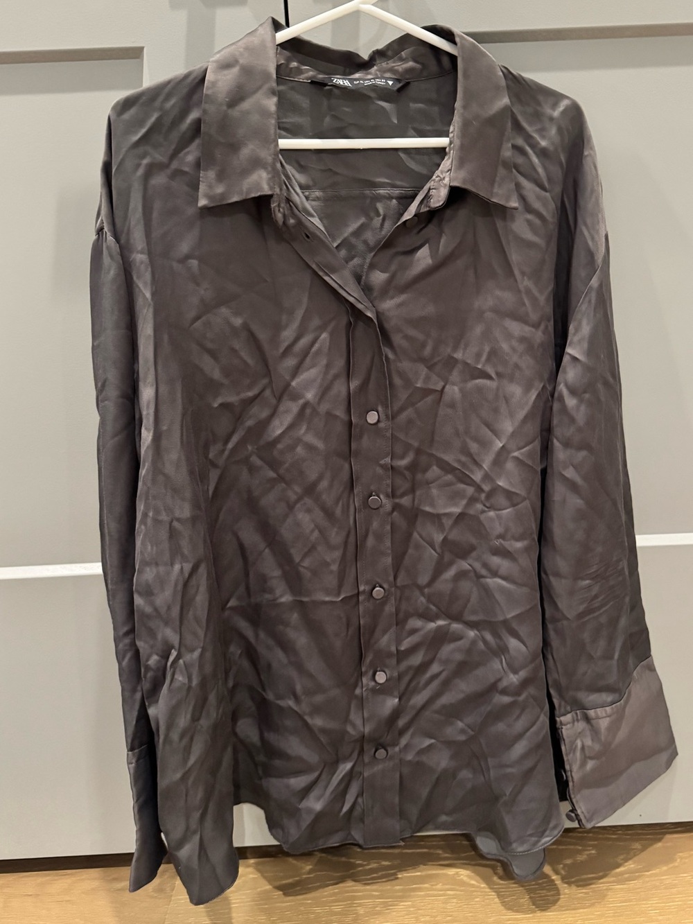 Zara Dark Gray Satin Button-Up Shirt
